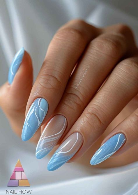 White And Dusty Blue Nails, Pale Blue And White Nails, Light Blue Nail Ideas Art Designs, Baby Blue And White Nails Designs, Blue Grad Nail Ideas, Light Blue Nails Designs Ideas, Baby Blue Acrylic Nails Designs Ideas, Blue Nail Ideas For Summer, Almond Shaped Nails Blue