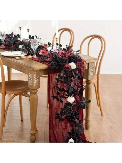 70.87in Eucalyptus & Willow Leaf Garland With Rose Flower, Artificial Floral Swags Centerpieces Wedding Rose Garland Flower Arch Garden Decor Black Maroon Gothic Indoor Wedding Party Sweetheart Table Centerpiece Home Garden Wall Halloween Decor Black and White         Home Decor, size features are:Bust: ,Length: ,Sleeve Length: Goth Wedding Floral Arrangements, Moody Sweetheart Table Wedding, Gothic Wedding Table Decor, Romantic Halloween Decor, Flower Arch Garden, Backdrop Decorations For Wedding, Mr And Mrs Wedding Table, Wall Halloween Decor, Dried Flower Wedding Decor