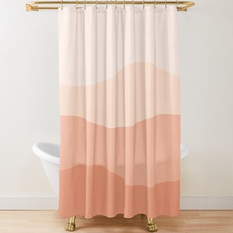 Extra-long decorative fabric shower curtains with 12 button holes. Comes ready to hang. Vivid, full-color printed on front and white on back. Fits most standard size tubs and showers. Color Block Shower Curtain, Peach Color Bathroom Decor, Coral Shower Curtain, Peach Bathroom Ideas, Teen Shower Curtain, Guests Bathroom, Coral Bathroom Decor, Peach Shower Curtain, Modern Coastal Bathroom