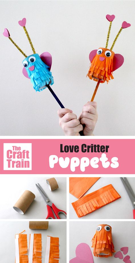 Love critter puppets | The Craft Train Art Crafts For Valentines Day, Preschool Puppet Show, Puppet Diy Easy, Puppet Making For Kids, Stick Puppets For Kids, Paper Puppets For Kids, Preschool Puppets, Love Activities For Kids, Easy Puppets