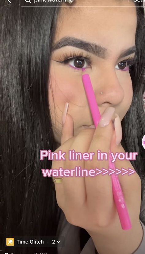 Pink Eyeliner On Waterline, Pink Under Eyeliner, Color Waterline Makeup, Pink Waterline Makeup, Light Pink Eyeliner, Pink Under Eye Makeup, Pink Eyeliner Looks, Under Eye Liner, Waterline Eyeliner