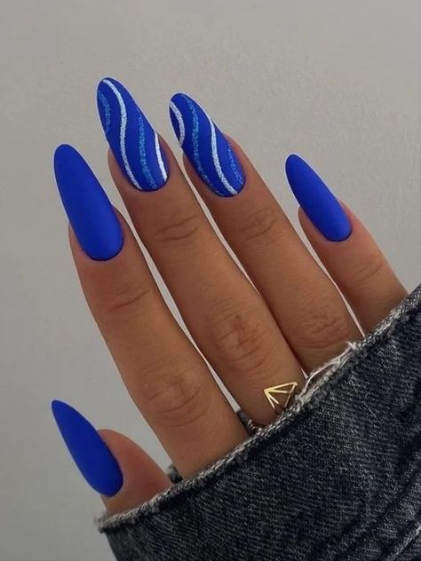 Bright Blue Nails, Royal Blue Nails Designs, Cobalt Blue Nails, Blue And Silver Nails, Blue Nail Art Designs, Blue And White Nails, Royal Blue Nails, Dark Blue Nails, Blue Gel Nails