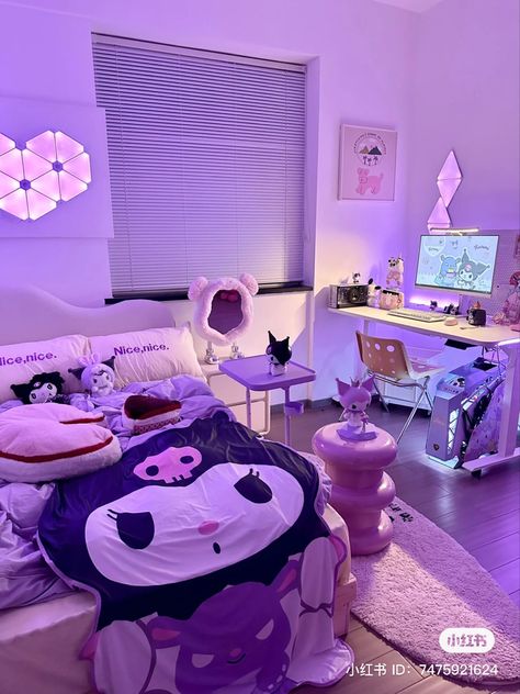 Kuromi Room Decor, Pink Wallpaper Bedroom, Sanrio Bedroom, Kuromi Room, Sanrio Room, Purple Bedroom Decor, Hello Kitty Room Decor, Hello Kitty Bedroom, Dream Bedroom Inspiration