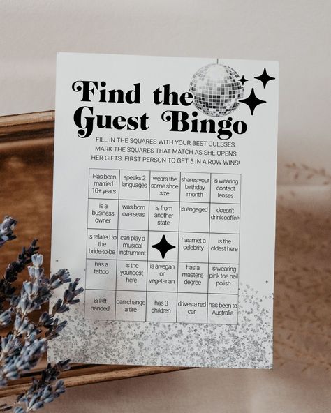 Find the Guest Who Bingo Game for a Disco Bridal Shower with 70s theme, Groovy Baby Shower or Couples Shower Game | Printable Template #065d Find The Guest Bingo, Guest Bingo, Couple Shower Games, 70s Theme, Find The Guest, Disco Theme, Couple Shower, Game Card, The Guest