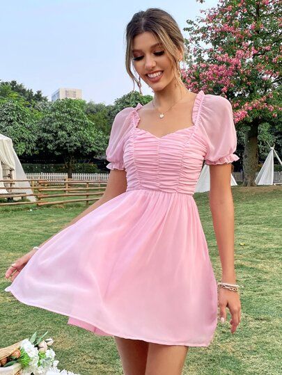 Pink Dress Outfits, Short A Line Dress, Western Dresses For Women, Baby Pink Dresses, Pink Summer Dress, Puff Dress, Kawaii Dress, Vestidos Vintage, Hoco Dresses