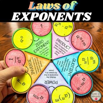 Students will be constructing a wheel spinner on the Laws of Exponents. The Rules included are (1) Product, (2) Quotient, (3) Power, (4) Inverse, and (5) Zero Exponent. The bottom page includes some practice problems.Students will love this spinner and can use it as a study tool! Math Wheels, Math Projects Middle School, Laws Of Exponents, Junior High Math, Algebra Classroom, Math Practice Worksheets, Math 8, Algebra Activities, Wheel Spinner