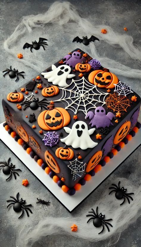 Halloween Cake Birthday, Halloween Themed Birthday Cake, Halloween Birthday Cakes For Kids, Spooky Cake Ideas, Black Halloween Cake, Edible Spiders, Booday Party, Halloween Sheet Cake, Halloween Cakes Ideas