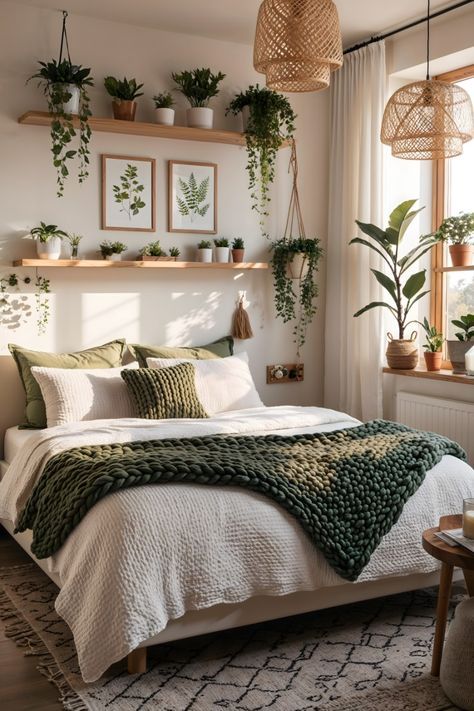 Green White And Gold Bedroom Ideas, White Comforter Green Accents, White Room With Green Accents, Green White Beige Bedroom, White And Forest Green Bedroom, White Room Green Accents, Sage Green And Gold Bedroom Ideas, Green Bedroom White Furniture, Green Aesthetic Rooms