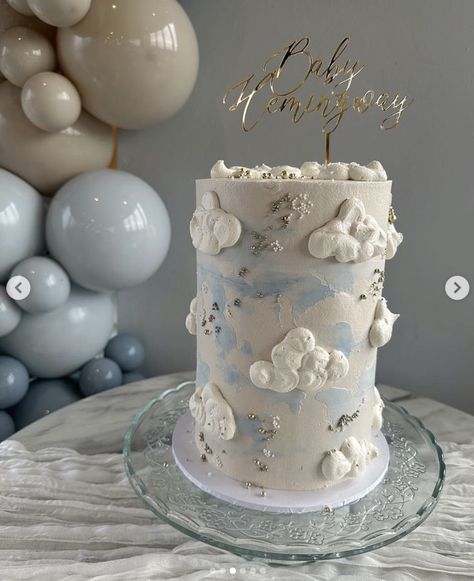 Cloud Theme Party Ideas, Heaven Sent Cake Ideas, On Cloud 9 Baby Shower Theme Cake, On Cloud 9 Cake Ideas, Cloud Nine Cake Ideas, Heaven Birthday Theme, Cloud Theme Baby Shower Cake, Blue And White Baby Shower Cake, Cloud Nine Baby Shower Cake