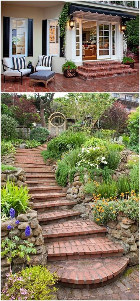 Go for Brick Stairs for a Rustic Feel Brick Outdoor Steps, Half Moon Brick Steps, Brick Stairs Garden, How To Build Brick Steps, Brick Stairs Outdoor, Brick Exterior Steps, Rustic Brick Patio, Brick Steps Back Porch, Brick Steps Garden