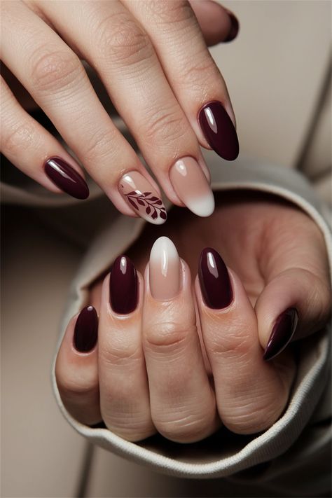 Embrace the beauty of autumn with these chic fall nail ideas that celebrate your natural nails. Picture warm earthy tones—rustic oranges, deep browns, and spicy reds—enhanced with delicate leaf designs or subtle gold accents. This style exudes seasonal elegance while keeping your nails looking effortlessly classy. Perfect for cozy gatherings or everyday wear, these natural nail designs will inspire you to showcase your best self this fall! Wine Nail Color Design, Classy Red Nail Designs, Tortoise And Burgundy Nails, Fall Nail Designs Almond Shape Short, Nails Acrylic For Dark Skin, Nails To Go With Maroon Dress, Maroon Thanksgiving Nails, Brown And Maroon Nails, Boho Nail Design