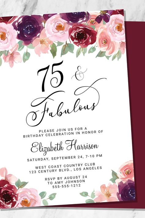 Elegant Floral 75th Birthday Party Invitation 75th Birthday Parties, Floral Birthday Invitations, Birthday Party Design, 75th Birthday, Floral Birthday, Elegant Floral, Party Design, Birthday Party Invitations, Birthday Celebration