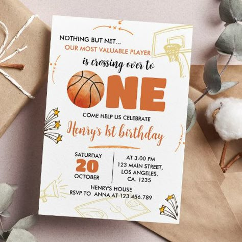 $2.95 - Basketball 1st Birthday Invitation Sport Party - basketballs, basketball 1st birthday, children, sport party, boy 1st birthday, watercolor, modern, sport birthday, player, kids birthday party Basketball 1st Birthday, Basketball Birthday Party Invitations, 1 Year Birthday Party Ideas, Basketball Themed Birthday Party, 1st Birthday Boy Themes, Basketball Birthday Invitations, Basketball Theme Birthday, Sport Birthday, Sports Birthday Invitations