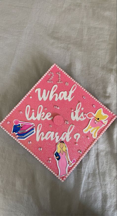 Legally Blonde Cap Ideas, Dolly Parton Graduation Cap, Graduation Cap Designs Barbie, Legally Blonde Grad Cap, Elle Woods Graduation Cap, Barbie Grad Cap, Hannah Montana Graduation Cap, Legally Blonde Graduation Cap, Pink Grad Cap Ideas