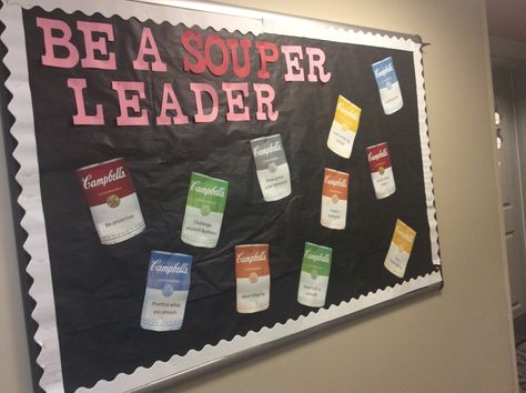 Leadership Bulletin Board: Be a SOUPer leader, via Casey in South Donahue Bulletin Board Ideas Hallways, Leadership Bulletin Boards, Residence Life Bulletin Boards, Res Life Bulletin Boards, Ra Bulletin Board Ideas, School Wide Themes, Ffa Ideas, Ag Education, Bulletin Boards Ideas