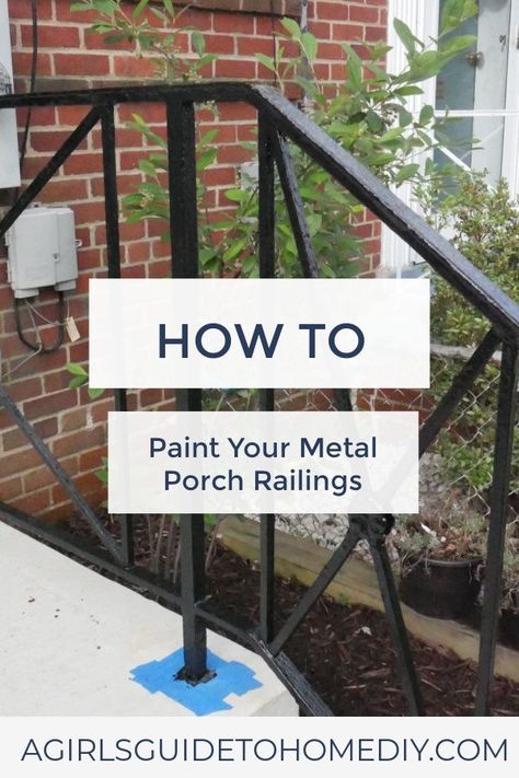 How To Paint Metal Railing Outside, Porch Railing Update Diy, Painting Porch Railing, Painting Iron Railing, Porch Redo Ideas, Paint Metal Railing, Front Porch Paint Ideas, Wrought Iron Porch Railings, Outdoor Railing