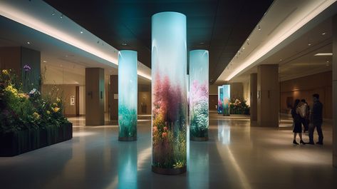 lobby, digital pillars, light screens Tree Column, Light Pillars, Columns Interior, Breakout Space, Lobby Wall, Digital Sculpture, Digital Light, King Power, Led Display Screen