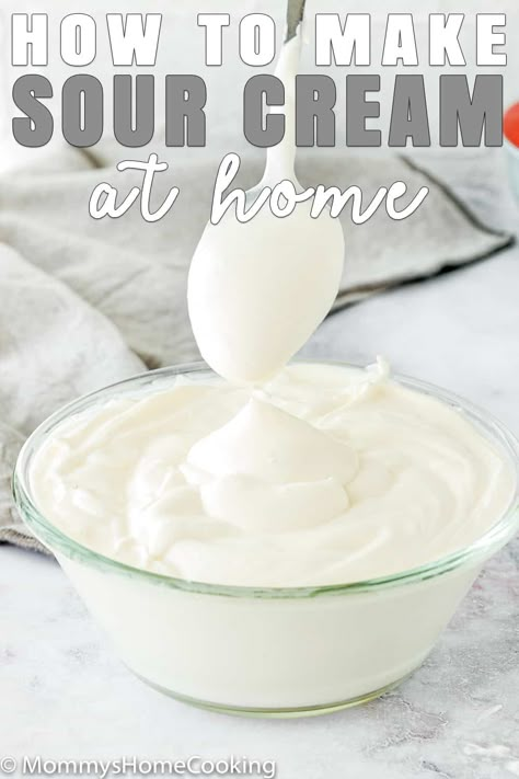 Learn How to Make Sour Cream at Home! It’s super easy to make. You only need 3 ingredients to create the most delicious and creamy sour cream ever. Perfect for eating, cooking, or baking. @mommyshomecookin #recipe #sourcream #DIY #eggless #eggfree How To Make Sour Cream, Sour Cream Recipes Easy, Sour Cream Recipe, Sandwich Recipes Indian, Make Sour Cream, Cheese Recipes Homemade, Nara Smith, Cake Pan Sizes, Homemade Sour Cream