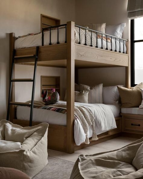 Boys Built In Bunk Beds, Farmhouse Bunkroom, Boys Bunkbed Bedroom Ideas, Boys Bunk Beds, Eclectic Shelving, Bunk Bed Aesthetic, Built In Bunk Beds, Bunk Room Ideas, Mcgee Home