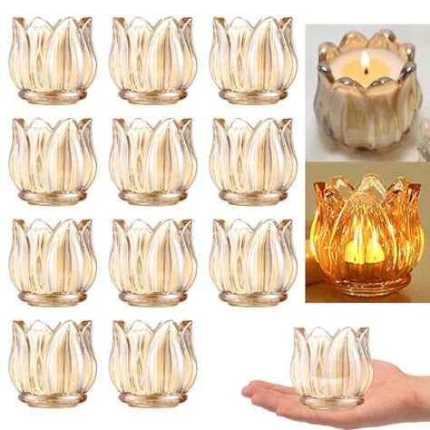 GOLDEAL 12Pcs Gold Votive Candle Holders, Thick Glass Tea Light Candle Holder Bulk, Tealight Candle Jars for Wedding Table Decor, Party Supplies, Bridal Shower Decorations, Centerpieces for Tables Dinner For 1, Gold Votive Candle Holders, Table Decor Party, Gold Votive Candles, Lotus Candle Holder, Tulip Candle, Small Candle Holders, Tea Light Candle Holder, Garden Candles