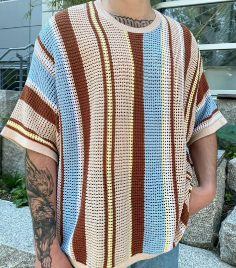 Crochet Male Clothes, Crochet Outfits For Men, Crochet Menswear, Crochet Male, Crochet Mens Shorts, Pride Birthday, Crochet Colorful, Shirt For Man, Crochet Men