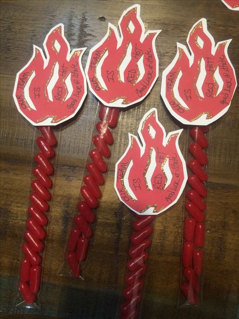 "Our Team Is RED HOT" flames with Hot Tamales using Stampin Up 1"x8" cellophane bags Red Team Spirit Ideas, Team Spirit Ideas, Team Chants, Spirit Bags, Cheer Spirit, Spirit Gifts, Hot Tamales, Red Team, Red House