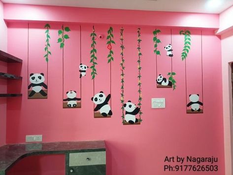 Panda Wall Painting Ideas, Panda Painting On Wall, Wall Painting Ideas For Balcony, Cartoon Wall Painting Ideas Bedroom, School Wall Art Ideas Paint, Panda Wall Painting, Balcony Wall Painting Ideas, Cartoon Wall Painting Ideas, Wall Drawing Bedroom