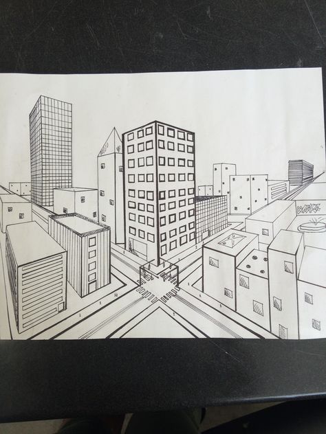 Ainslee Smith 2 point perspective city intersection Simple City Scape Drawing, 2 Point Perspective City, 1 Point Perspective Drawing, 3 Point Perspective, 1 Point Perspective, Perspective Drawing Architecture, Point Perspective, City Drawing, Perspective Drawing