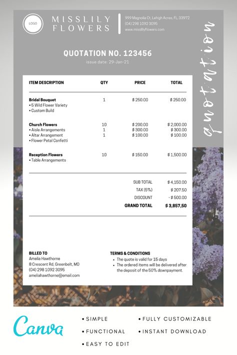 Florist Price List, Floral Business, Flower Petal Confetti, Invoice Design, Altar Arrangement, Price List Template, Petal Confetti, Quote Template, Flower Business