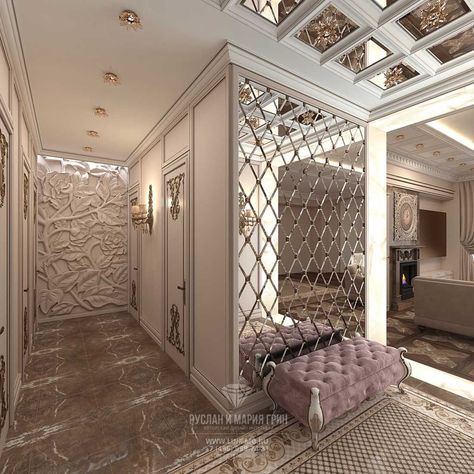 Moldura alrededor del espejo سلالم حلزونية, Modern Hallway Design, Mirrored Walls, Hallway Designs, Modern Hallway, Neoclassical, Design Case, Apartment Design, Luxury Home Decor