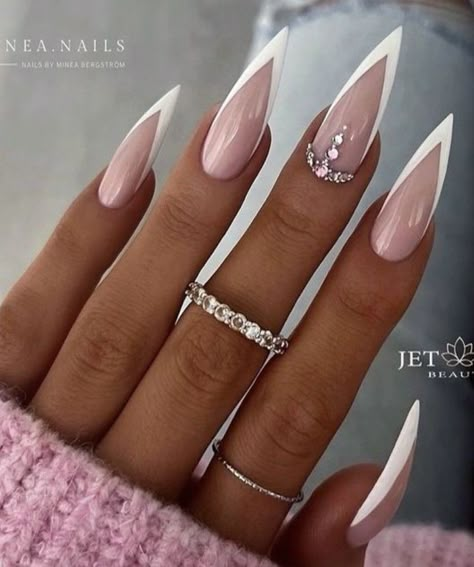 Stiletto Pink Nails, French Stiletto Nails, White Stiletto Nails, Pink Stiletto Nails, Pink Nail Ideas, Long Nail Designs, Nails Design With Rhinestones, Stiletto Nails Designs, Pink Nail