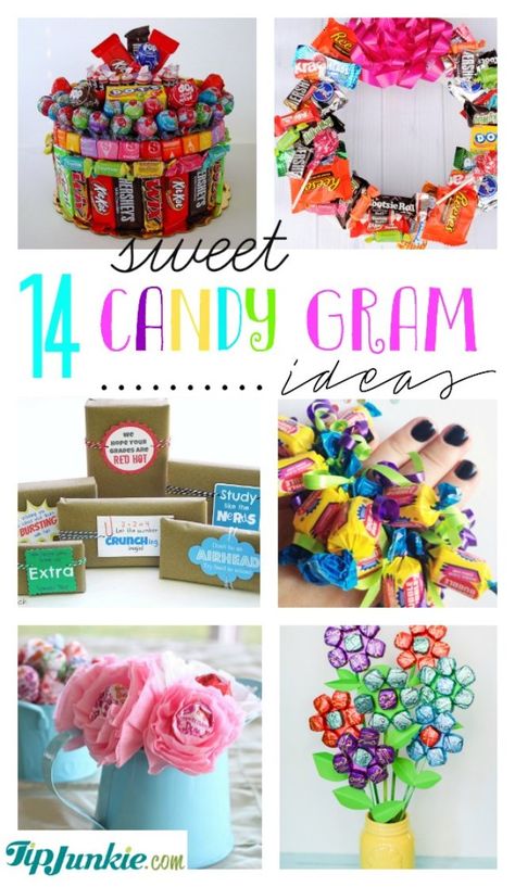 Sweet Candy Gram Ideas-jpg Candygram Ideas, Candy Gram Ideas, Valentine Candy Grams, Candy Boquets, Candy Bar Cake, Candy Arrangements, Candy Bouquet Diy, Candy Grams, Candy Poster