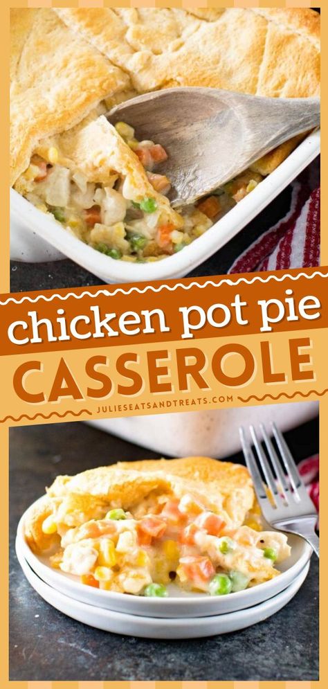 EASY CHICKEN POT PIE CASSEROLE, easy comfort food for dinner, comfort food dinner recipes Pot Pie Recipe Easy, Pot Pie Casserole, Chicken Pot Pie Casserole, Easy Chicken Pot Pie, Chicken And Biscuits, Easy Pie Recipes, Tater Tot Casserole, Pot Pies Recipes, Pot Pies