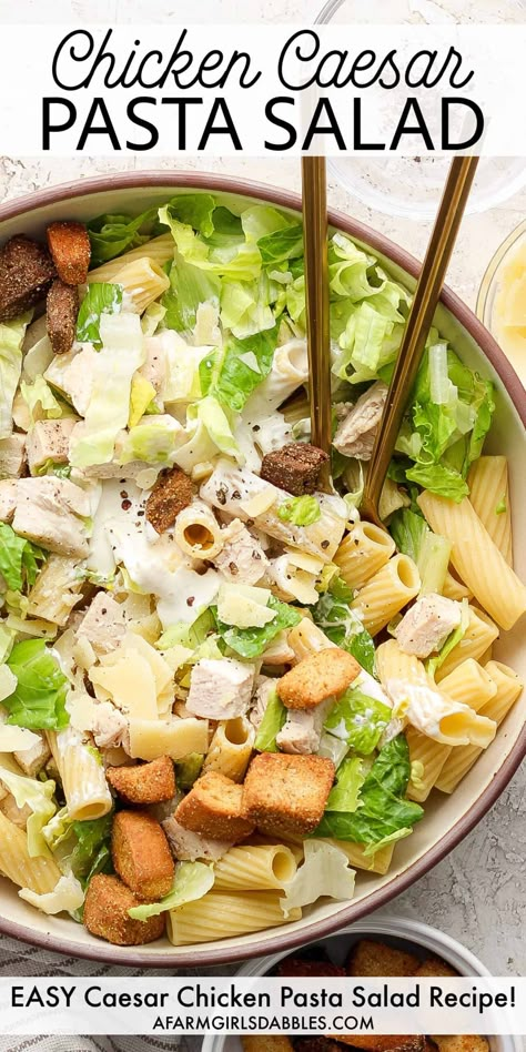 Lunch Ideas For Entertaining Friends, Light Summer Pasta Recipes, Ceaser Chicken Pasta Salad Recipe, Chicken Cesear Salad Pasta Dinner, Chicken Ceaser Pasta Salads, Pasta Chicken Ceasar Salad Recipe, Chicken Ceasar Pasta Salad Healthy, Healthy Sour Cream, Chicken Pasta Salad Recipes