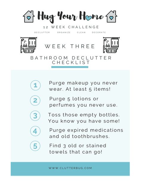 Declutter Bathroom, 12 Week Challenge, Declutter Checklist, Cleaning Challenge, Declutter Challenge, Week Challenge, Home Management Binder, Binder Organization, Homemade Cleaning Products