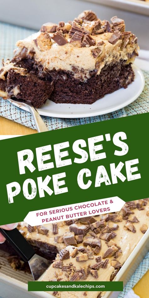 image shows a close up single serving of the Reese's Poke Cake on a small white plate, title of the recipe is in the middle and the lower picture is of the cake pan of all the cake with the one serving missing. Reese's Cake, Peanut Butter Pudding, Cake Peanut Butter, Poke Cake Recipe, Butter Pudding, Easy Dessert Recipe, Potluck Party, Poke Cake Recipes, Peanut Butter Cake