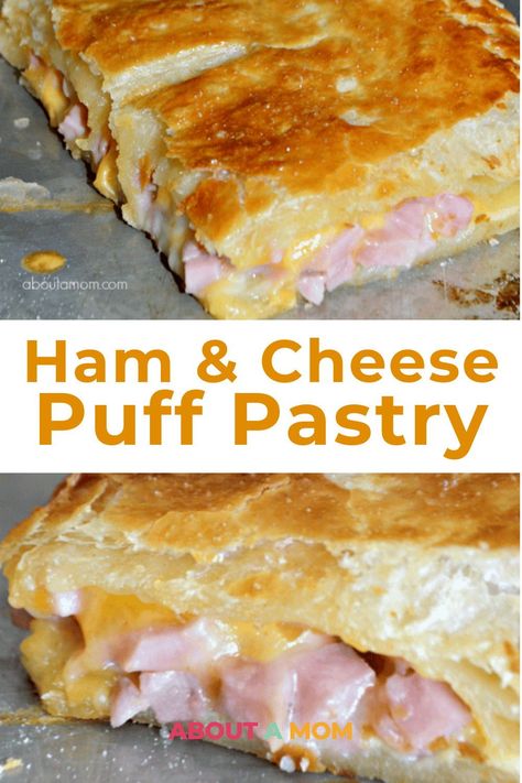 Make a tasty ham and cheese puff pastry melt with flaky layers. Simple, satisfying lunch or snack for any occasion. Puff Pastry Sticks With Ham And Cheese, Puff Pastry Savoury Recipes, Ham And Puff Pastry Recipes, Puff Pastry Egg Bake, Puff Pastry Filling Ideas Savoury, Ham Cheese Puff Pastry Appetizers, Ham And Cheese Pinwheels Puff Pastry Easy, Ham And Cheese Pastry Puffs, Ham And Cheese Pinwheels Puff Pastry