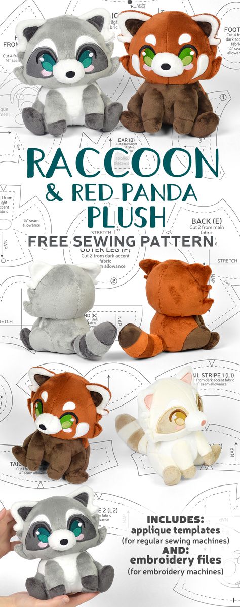 Raccoon Stuffed Animal Sewing Pattern, Red Panda Sewing Pattern Free, Felt Red Panda Pattern, Sew Plushies Free Pattern, Raccoon Stuffed Animal Pattern, Plush Free Sewing Pattern, Raccoon Sewing Pattern, Squishmallows Sewing Pattern, Raccoon Plush Pattern