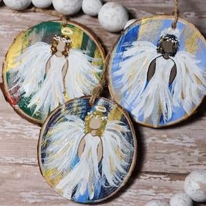 Painted angel ornaments - Etsy Painted Canvas Ornaments, Wings Painting, Angel Wings Painting, Magnet Ideas, Shoulder Length Curly Hair, Religious Crafts, Paint Chip, Nativity Ornaments, Christmas Card Crafts