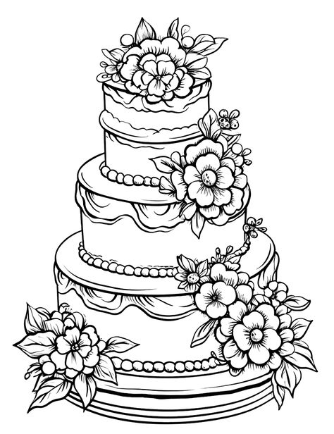 Wedding Bliss: A tall, elegant wedding cake adorned with flowers. (Free Printable Coloring Page for Kids) Wedding Cake Coloring Page, Wedding Coloring Pages Free Printable, Wedding Coloring Sheets, Wedding Cake Drawing, Coloring Pages Love, Cake Coloring Pages, 40 Cake, Cake Coloring, Kids Table Wedding