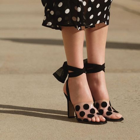 Transparently chic in the CARO wrap-and-tie sandal in PVC with Black suede polka-dots #PaulAndrew Polka Dot Heels, Trendy Heels, Ankle Wrap Sandals, Gorgeous Shoes, Fabulous Shoes, Hot Shoes, Pretty Shoes, Shoe Lover, Shoe Style