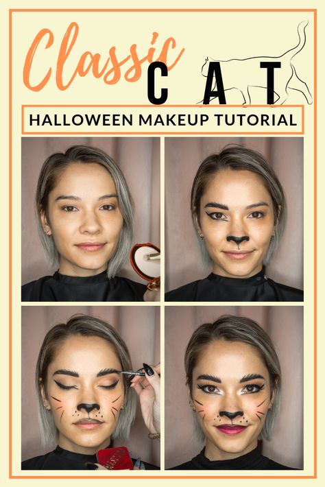 Diy Women Cat Costume, Easy Cat Face Paint For Women, Makeup For Cat Costume, Womens Cat Makeup, Cat Face For Halloween Make Up, Holloween Makeup Cat, East Cat Makeup Halloween, Diy Black Cat Costume For Women Halloween Makeup, Makeup For Cat Face