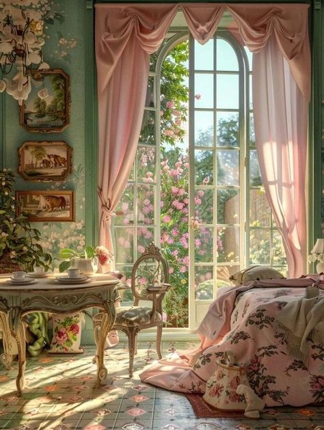 Ethereal Aesthetic House, Green Victorian Bedroom, Earthy Homes, Academia House, Old Fashioned House, Princess Room Decor, Pastel Fairy, Green Living Room Decor, Green Apartment