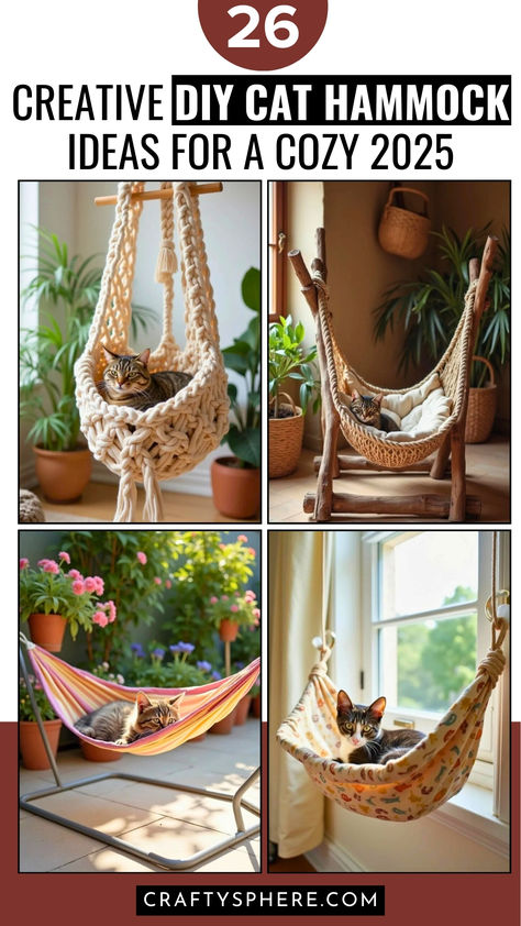 26 DIY Cat Hammock Ideas to Make Your Furry Friend Comfy and Cozy in 2025! Perfect for cat lovers looking to add a stylish and relaxing touch to their home. Diy Cat Stuff Cardboard, Things To Make For Your Cat Diy Projects, Crochet Cat Hammock Free Pattern, Diy Cat Hammock Easy, Cat Home Diy, Pet Furniture Cat Diy Projects, Diy Cat Stuff Easy, Cat Beds Diy, Cat Wall Furniture Diy