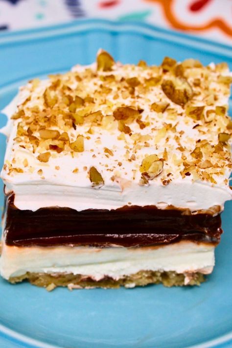 Four Layer Delight - Heartland Recipes Husbands Delight, Four Layer Delight, Layered Deserts, Chocolate Layer Dessert, Layered Dessert Recipes, Delight Dessert, Layered Dessert, Pudding Flavors, Chilled Desserts