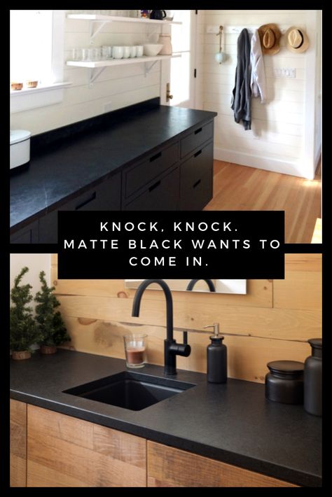 Matte Black Concrete Countertops, Black Counters With Black Cabinets, White Matte Countertops, Black Matte Granite Countertops, Matt Black Countertops, Mat Black Countertops, Black Cabinet With Black Hardware, Matte Black Countertops Kitchen, Black Matte Quartz Countertops