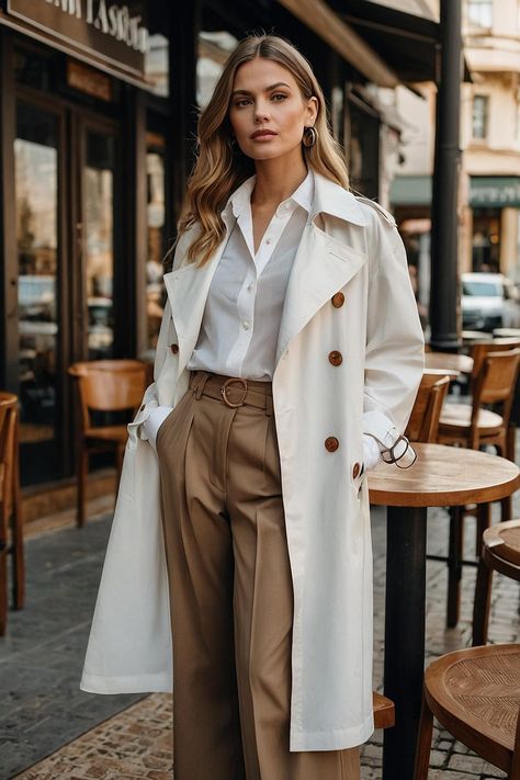 Elevate your style with this sophisticated outfit featuring a crisp white shirt, tailored brown pants, and a stunning white trench coat. This look embodies refined elegance, perfect for any occasion—from a business meeting to a brunch date. The neutral palette creates a fresh and chic vibe, while the trench adds a touch of drama. #fallfashiontrends #autumnoutfitideas #falloutfitideas #womanoutfitideas #fashioninspo White Trench Coat Outfit, Coat Aesthetic, Wool Coat Outfit, Classy Clothing, White Trench Coat, Trends 2025, Trench Coat Outfit, Minimal Wallpaper, Brunch Date