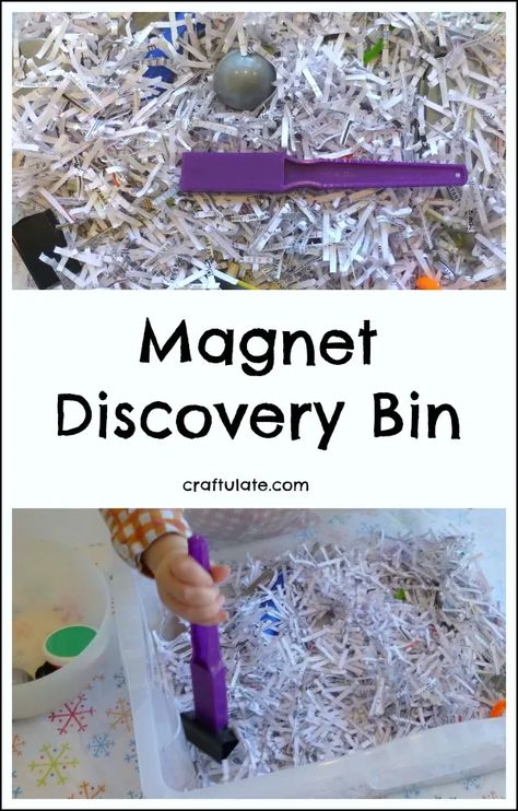 Magnet Discovery Bin - great for toddlers and preschoolers! Toddler Sensory Bins, Sensory Tubs, Toddler Sensory, Sensory Boxes, Pre K Activities, Sensory Table, Science Activities For Kids, Shredded Paper, Preschool Science