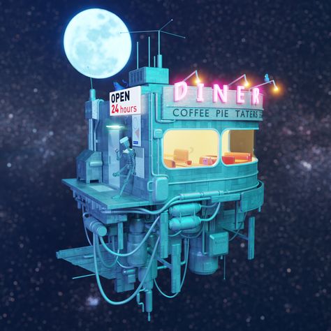 Space Cafe Concept Art, Space City Concept Art, Space Restaurant, Space Cyberpunk, Space Environment, Diner Art, Cyberpunk Spaceship, Space Train, 3d Space