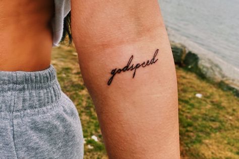 Godspeed Arm Tattoo, Godspeed Back Tattoo, Sweet Life Tattoo, Godspeed Frank Ocean Tattoo, God Speed Tattoo, Tattoo Ideas Inner Arm, Frank Ocean Tattoo Ideas, Simple Western Tattoos, Godspeed Tattoo